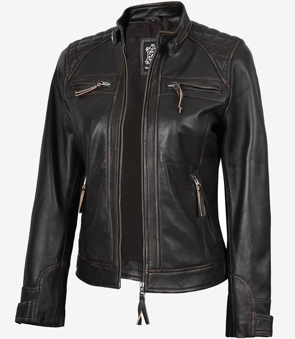 Women's Rub Off Dark Brown Quilted Leather Cafe Racer Jacket