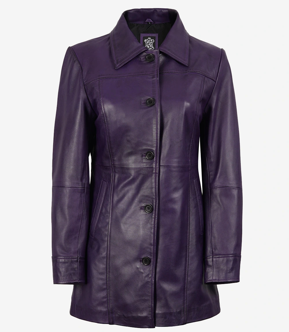 Women Leather Purple 3/4 Length Car Coat
