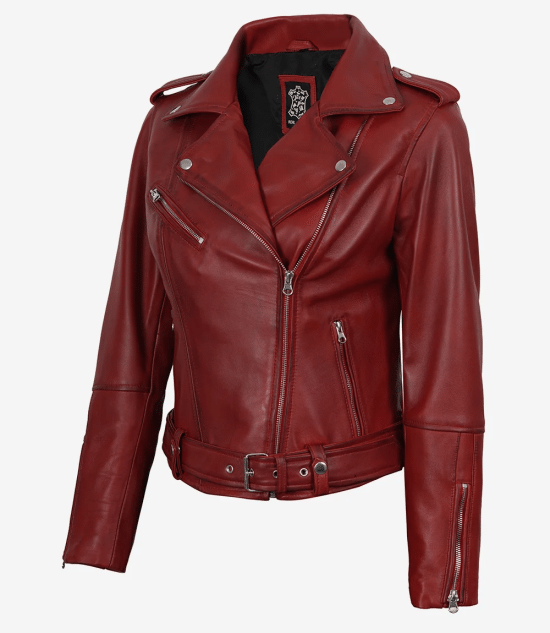 Women's Red Lambskin Leather Biker Jacket — Asymmetric Zip