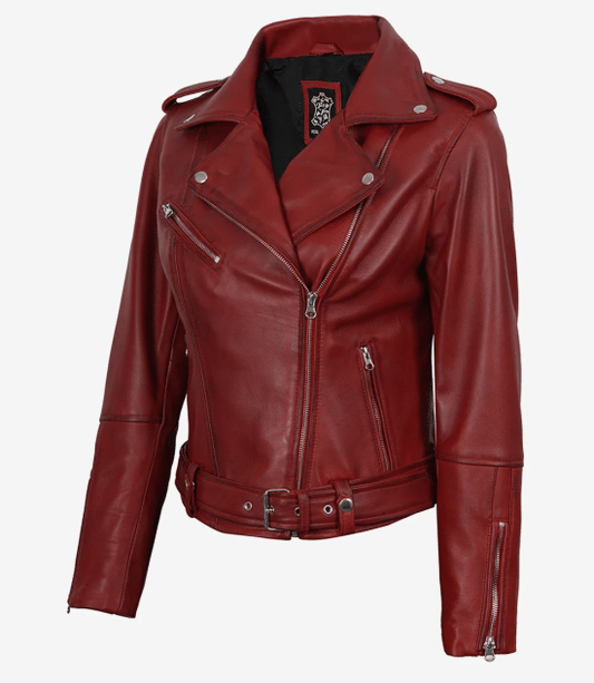 Women's Red Lambskin Leather Biker Jacket — Asymmetric Zip