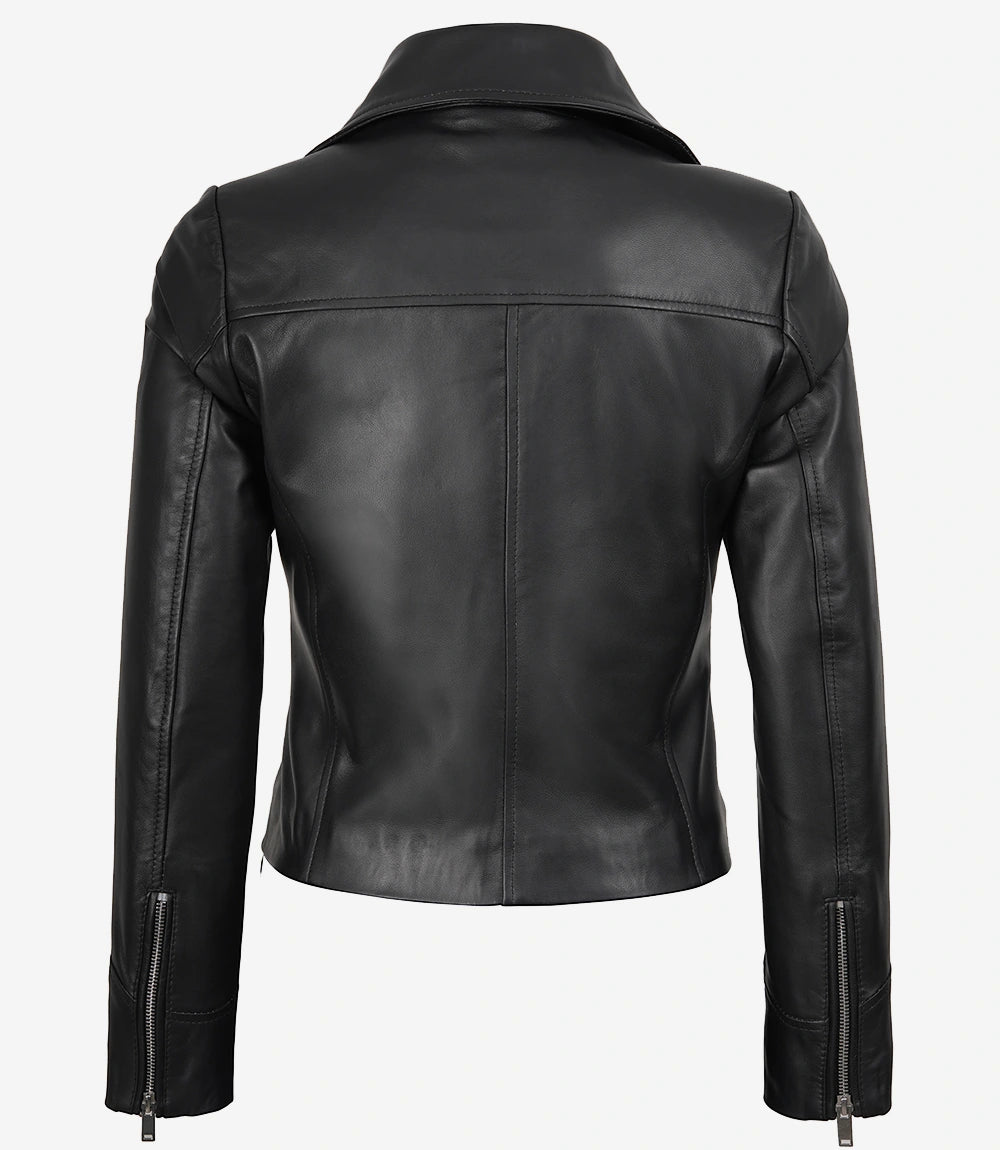 Women's Black Real Leather Biker Jacket — Asymmetric