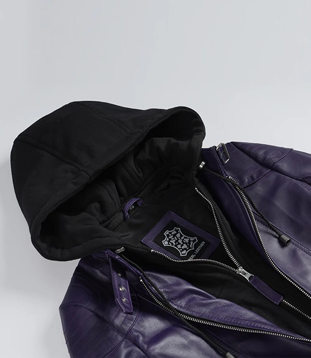Women's Purple Real Leather Jacket With Removable Hood