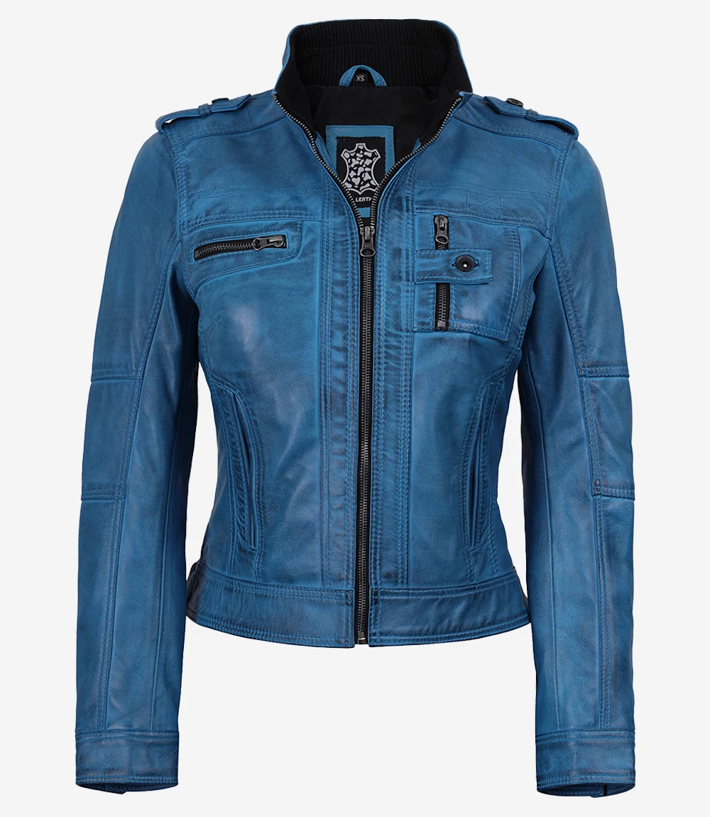 Women's Wax Blue Leather Biker Jacket