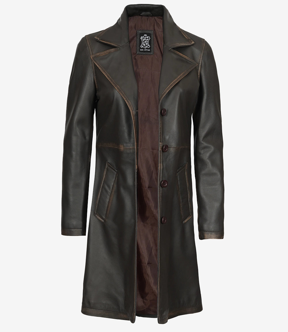 Women's Rub Off Dark Brown Leather Coat
