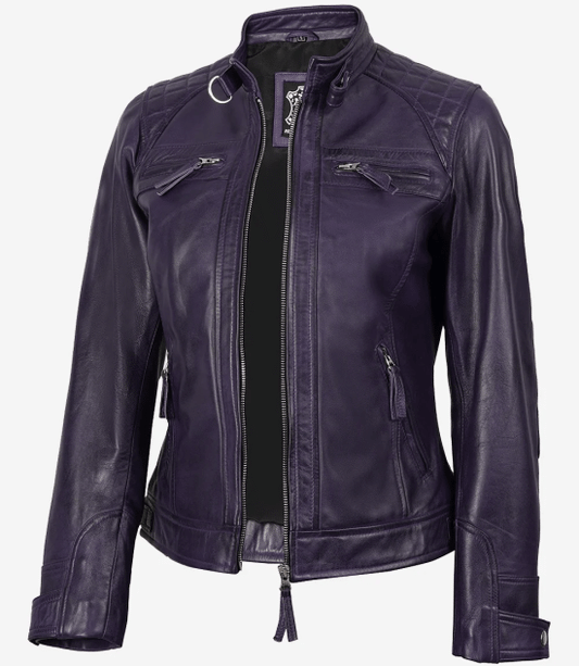 Women Purple Quilted Leather Cafe Racer Jacket