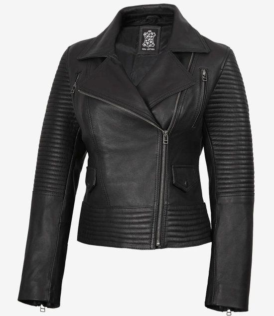 Women's Black Padded Style Leather Biker Jacket — Asymmetrical Zip