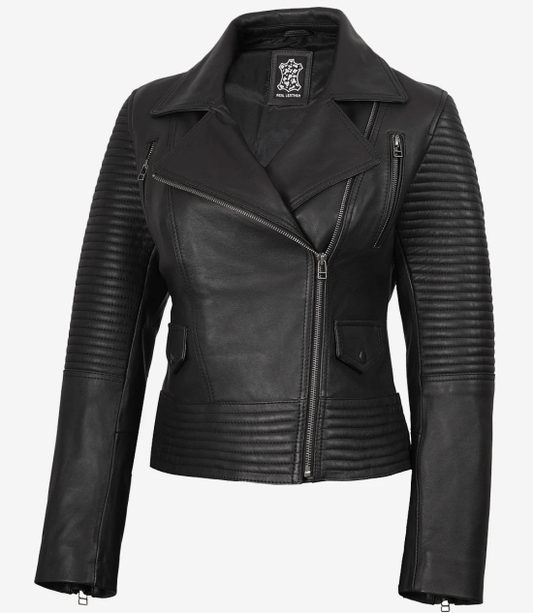 Women's Black Padded Style Leather Biker Jacket — Asymmetrical Zip