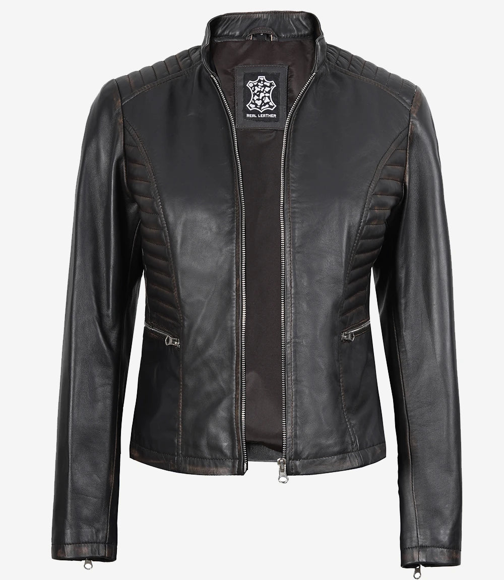 Arya Women's Dark Brown Rub-off Cafe Racer Leather Jacket