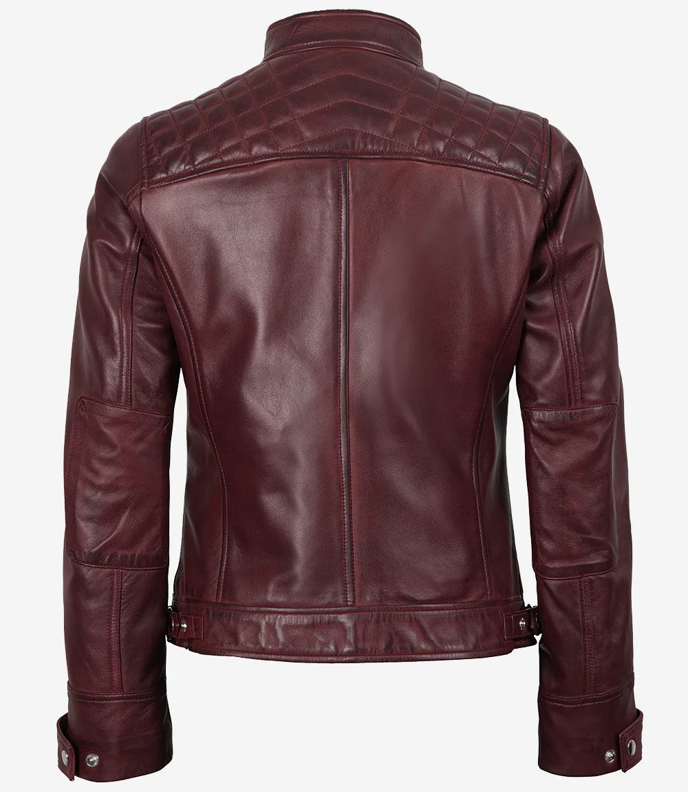 Women's Burgundy Quilted Cafe Racer Leather Jacket