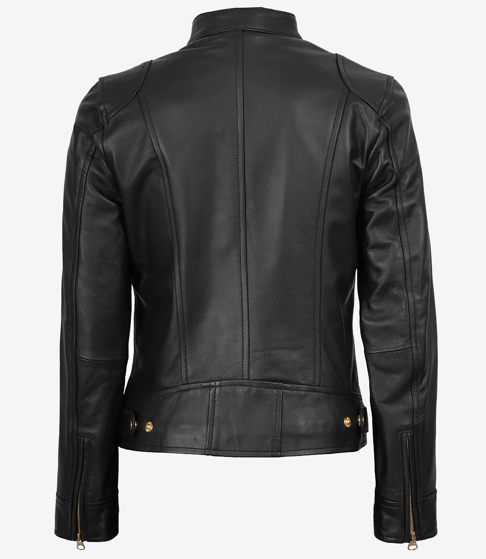 Women’s Black Biker Leather Jacket with Golden Accents