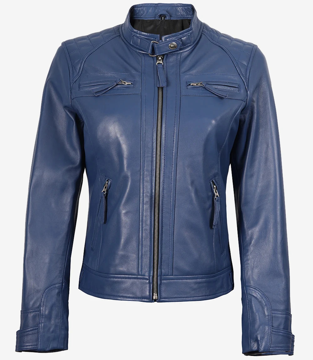 Women Blue Diamond Cafe Racer Real Leather Jacket