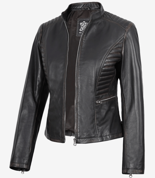 Rachel Women's Dark Brown Rub-off Cafe Racer Leather Jacket