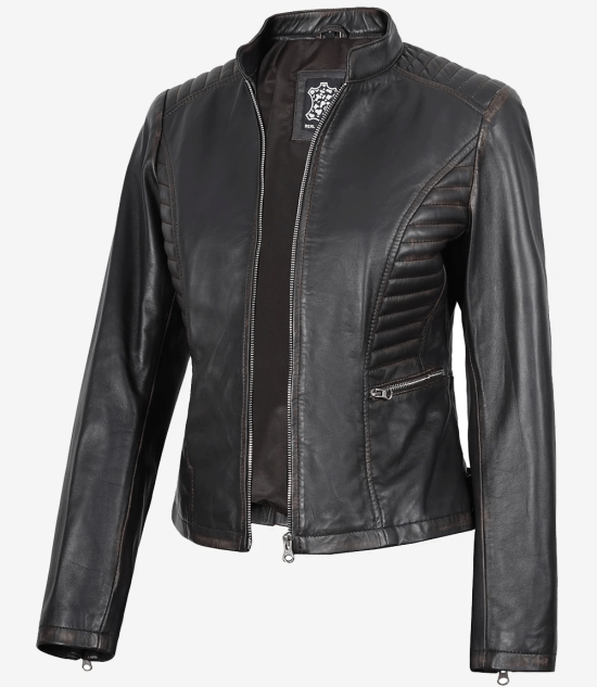 Arya Women's Dark Brown Rub-off Cafe Racer Leather Jacket