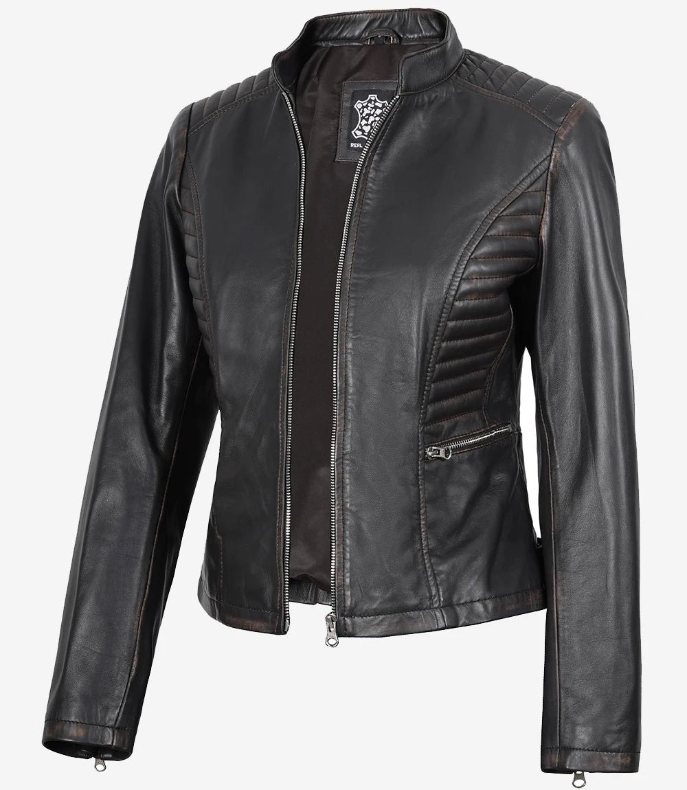 Arya Women's Dark Brown Rub-off Cafe Racer Leather Jacket