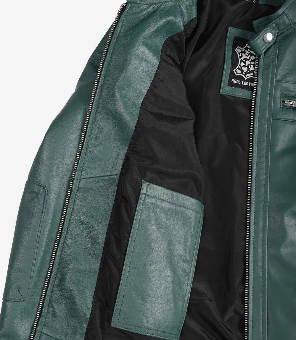 Women Green Diamond Cafe Racer Real Leather Jacket
