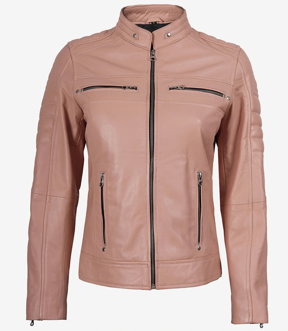 Women's Pink Cafe Racer Real Leather Jacket