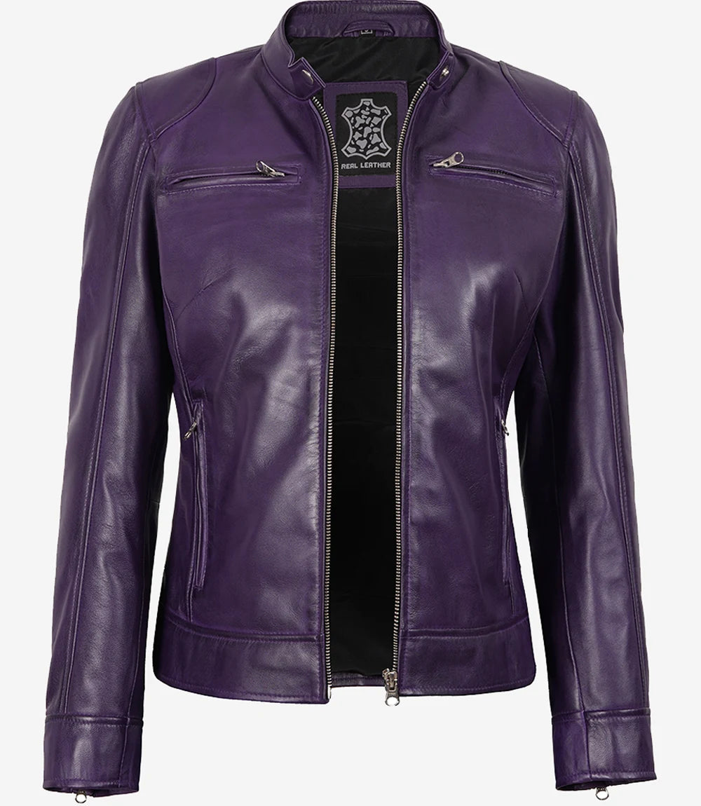 Women's Purple Leather Biker Jacket