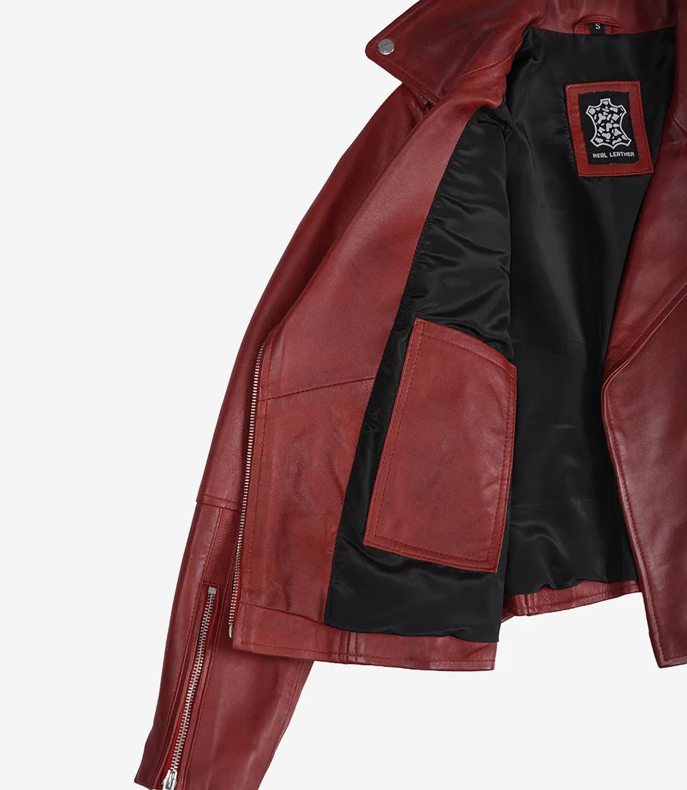 Women's Red Lambskin Leather Biker Jacket — Asymmetric Zip