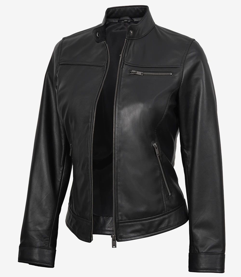 Women's Black Cafe Racer Real Leather Jacket