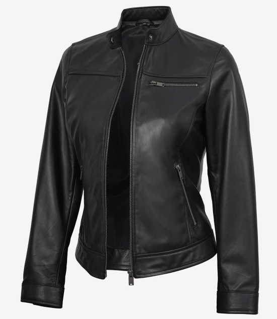 Women's Black Cafe Racer Real Leather Jacket