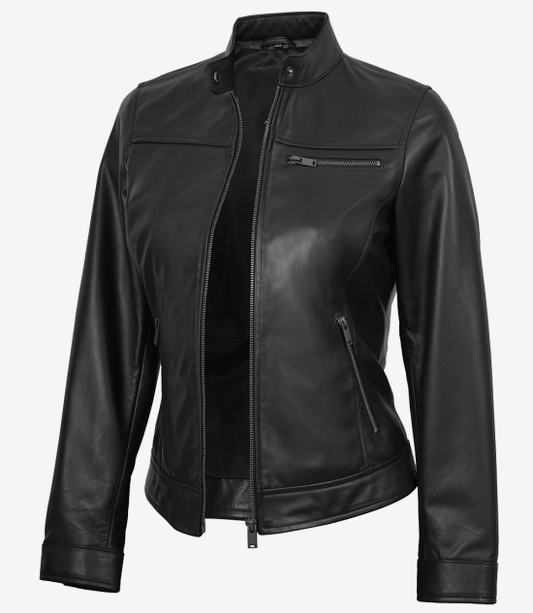 Women's Black Cafe Racer Real Leather Jacket