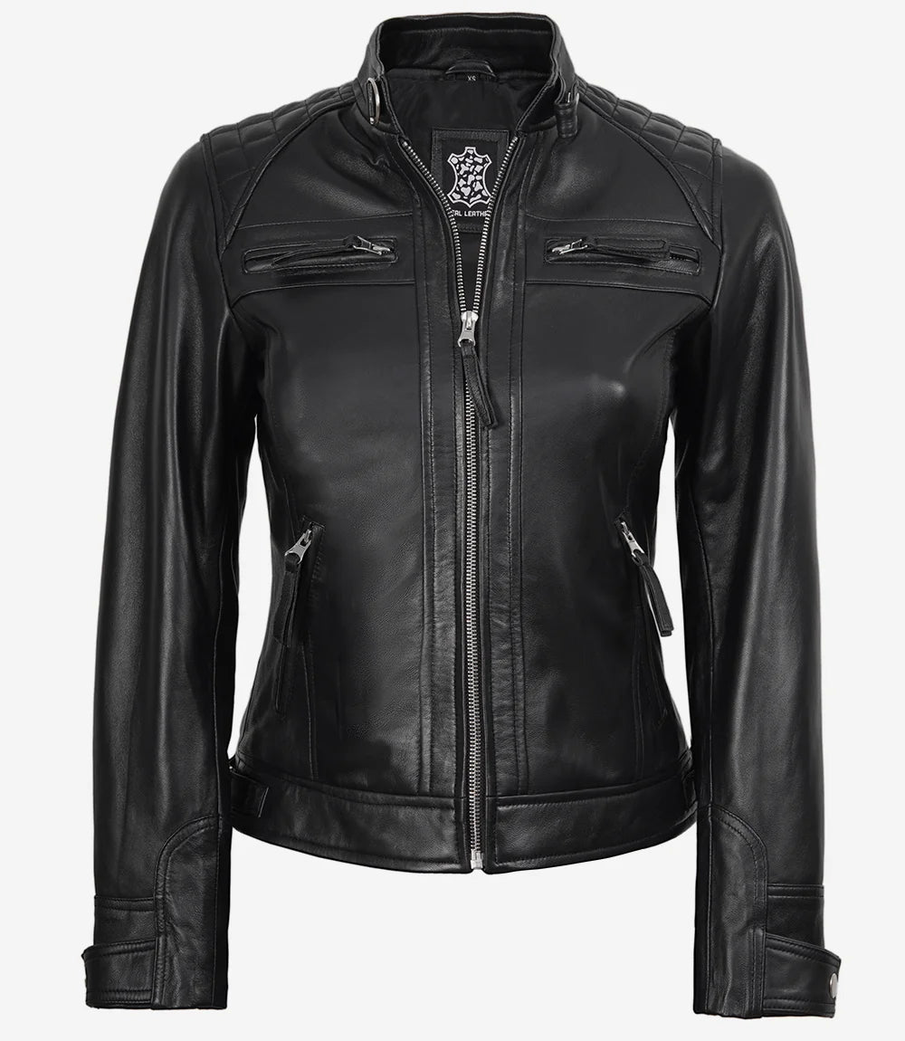 Women Black Quilted Cafe Racer Leather Jacket