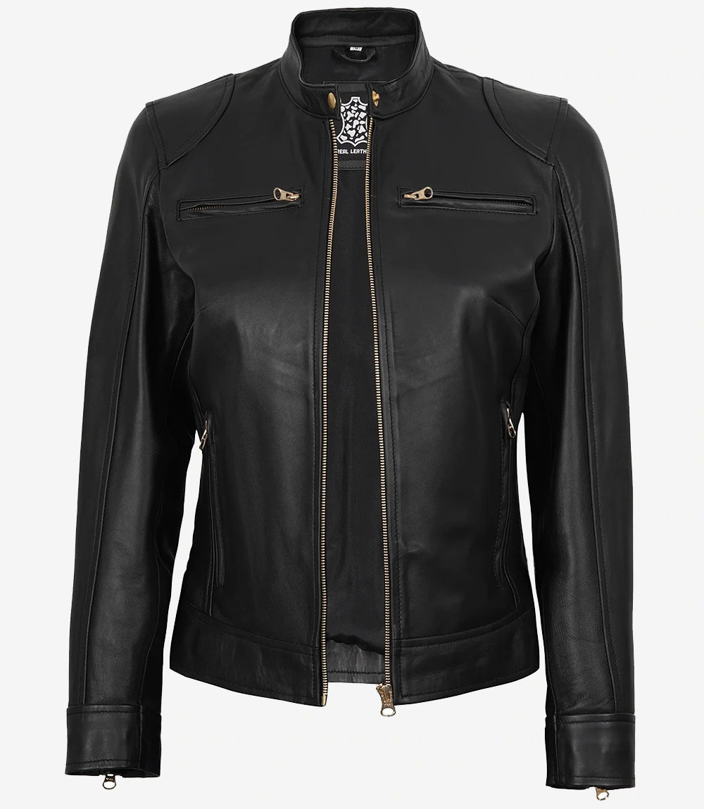 Women’s Black Biker Leather Jacket with Golden Accents