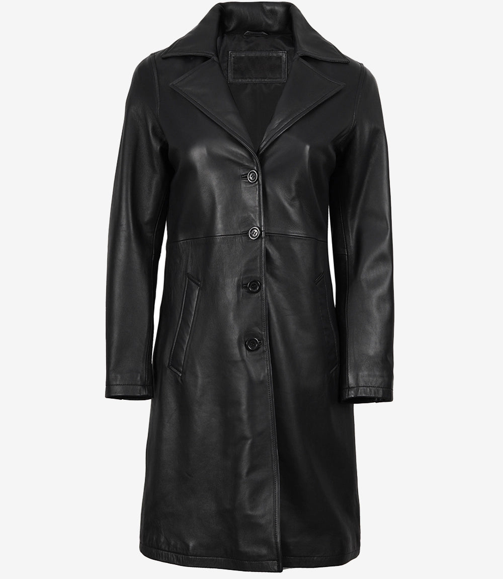Women Black Real Leather Coat — Buttoned Down Coat
