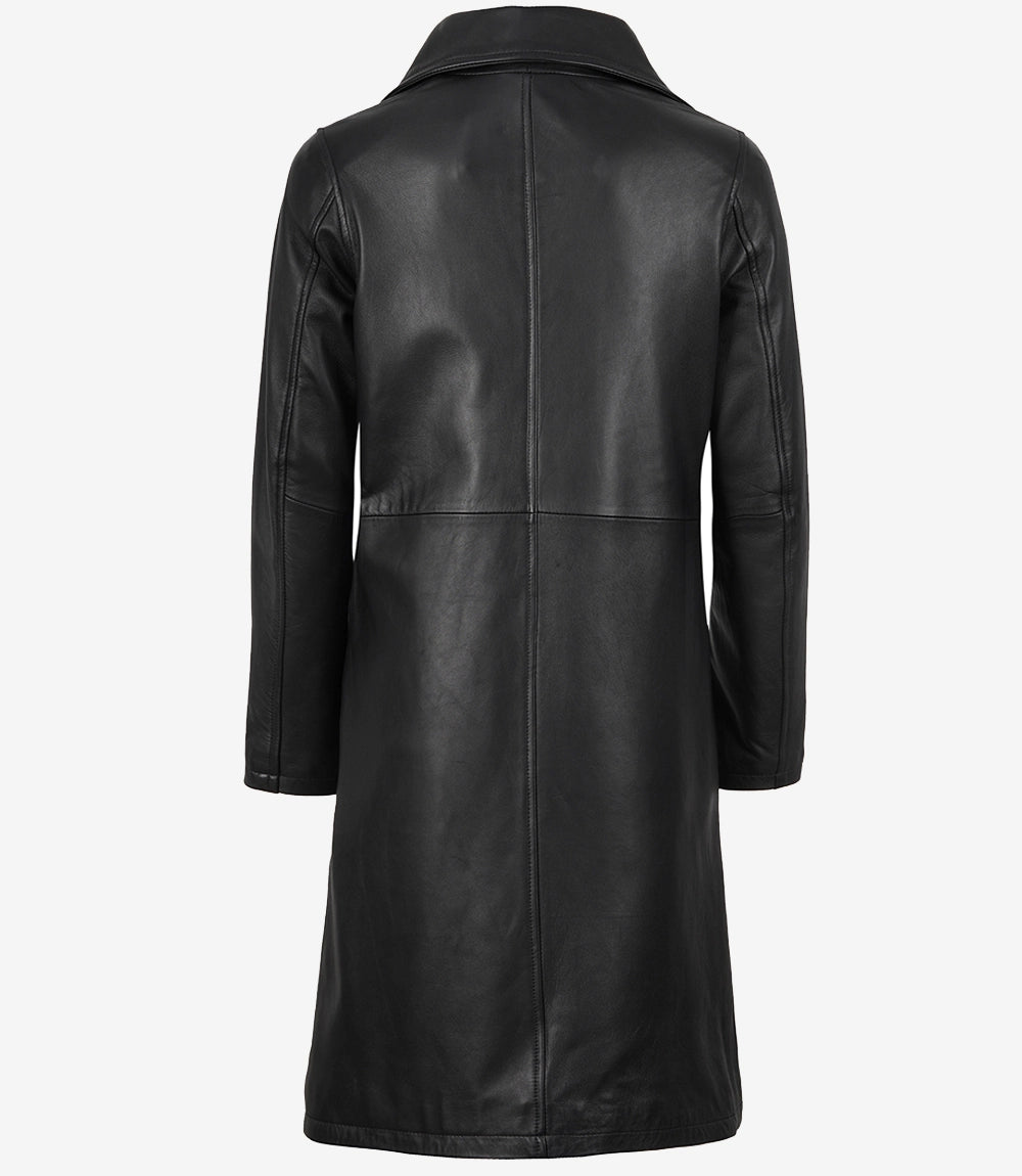 Women Black Real Leather Coat — Buttoned Down Coat