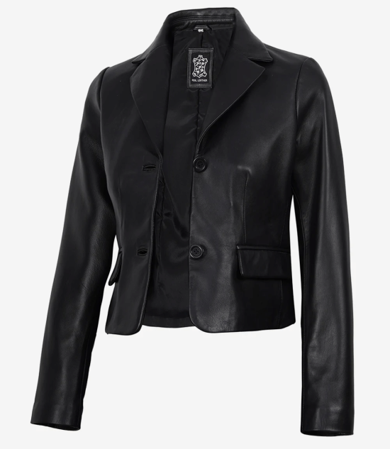 Women's Black Two Button Leather Cropped Jacket - Short Blazer Style
