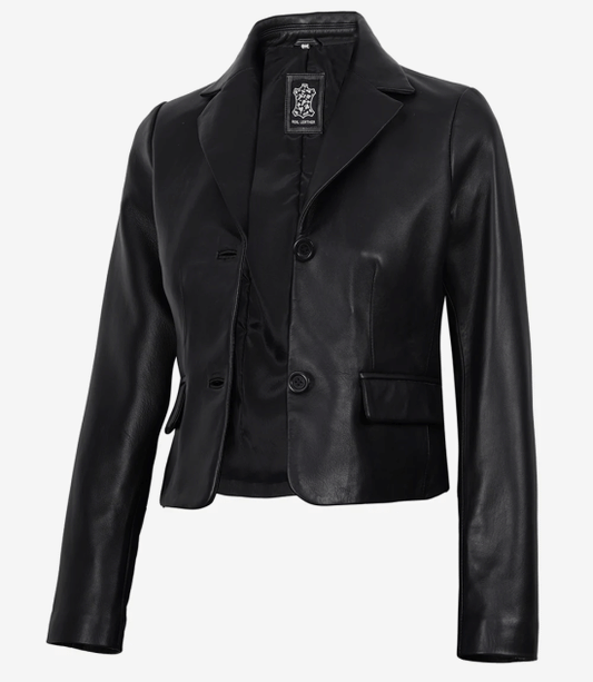 Women's Black Two Button Leather Cropped Jacket - Short Blazer Style