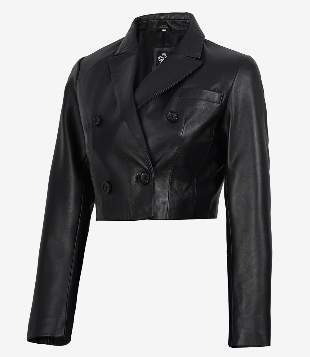 Women's Black Cropped Double Breasted Lambskin Leather Jacket