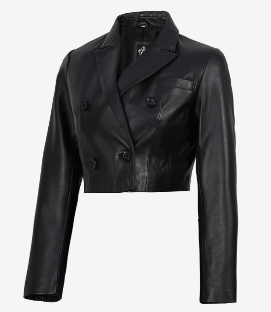 Women's Black Cropped Double Breasted Lambskin Leather Jacket