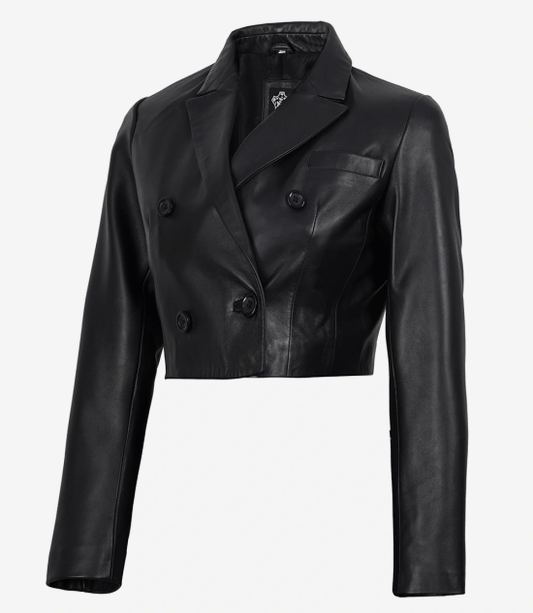 Women's Black Cropped Double Breasted Lambskin Leather Jacket