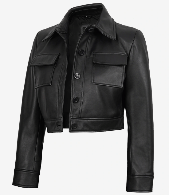 Women’s Black Harrington Cropped Leather Jacket