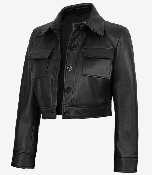 Women’s Black Harrington Cropped Leather Jacket