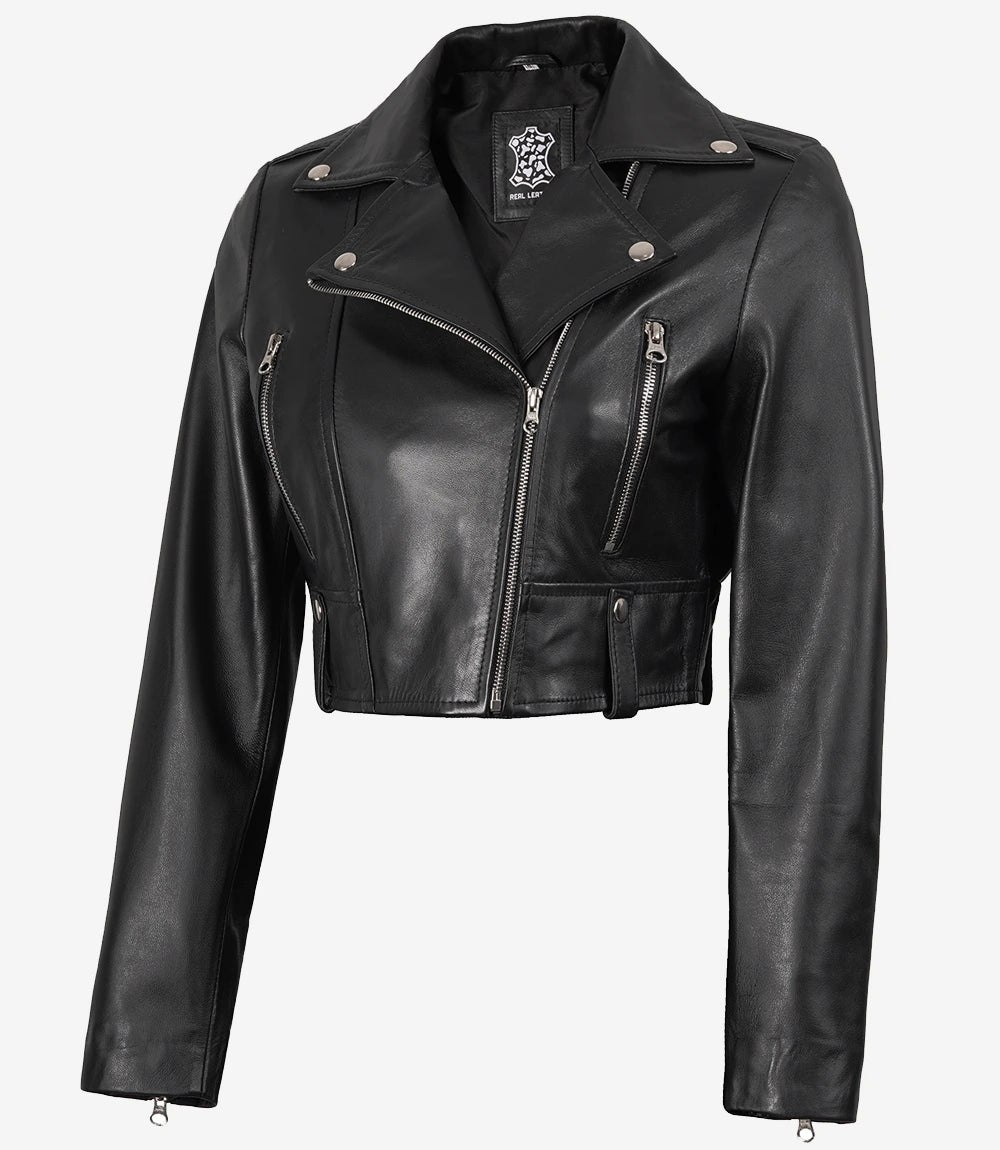 Women's Black Cropped Lambskin Leather Biker Jacket — Asymmetric Zip