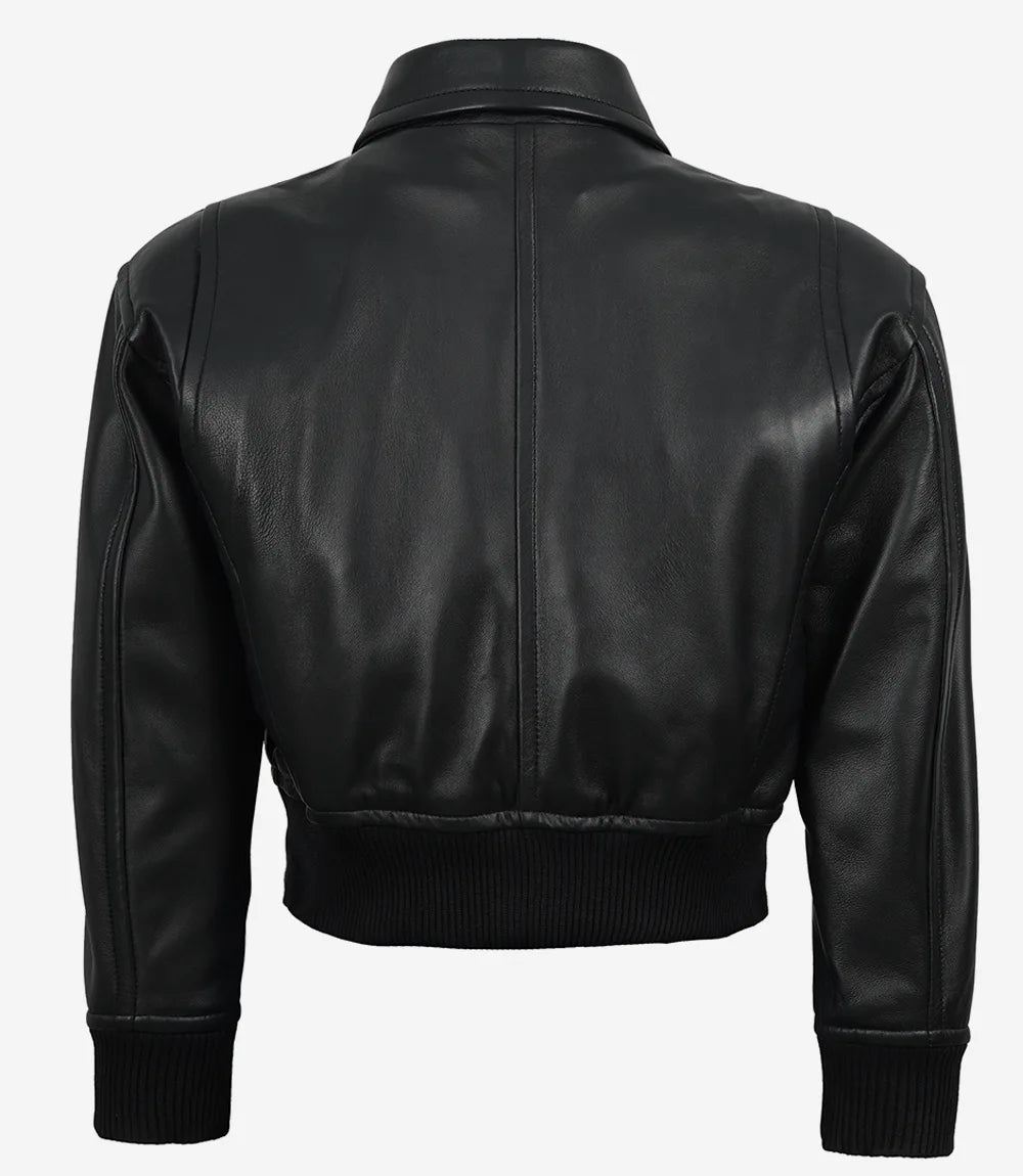 Women's Black Drop Shoulder Cropped Bomber Jacket — Shirt Collar Style