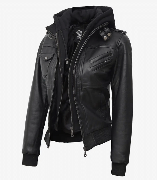 Women's Bomber Black Leather Jacket with Removable Hood