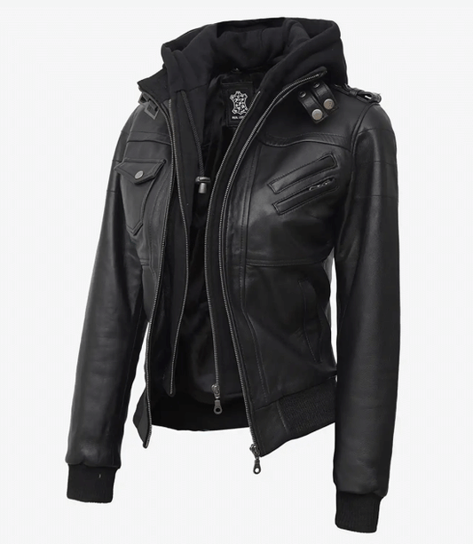 Women's Bomber Black Leather Jacket with Removable Hood