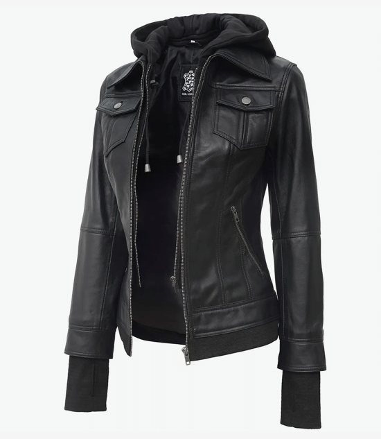 Women's Black Hooded Leather Jacket — Removable Hood, Thumbhole Sleeves