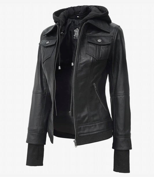 Women's Black Hooded Leather Jacket — Removable Hood, Thumbhole Sleeves