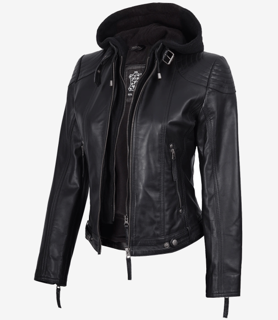 Women's Black Real Leather Jacket With Removable Hood