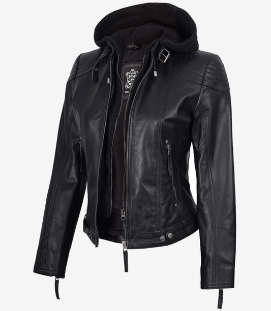 Women's Black Real Leather Jacket With Removable Hood