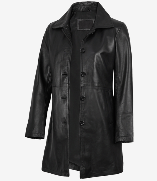 Women's Black Real Leather 3 4 Length Car Coat