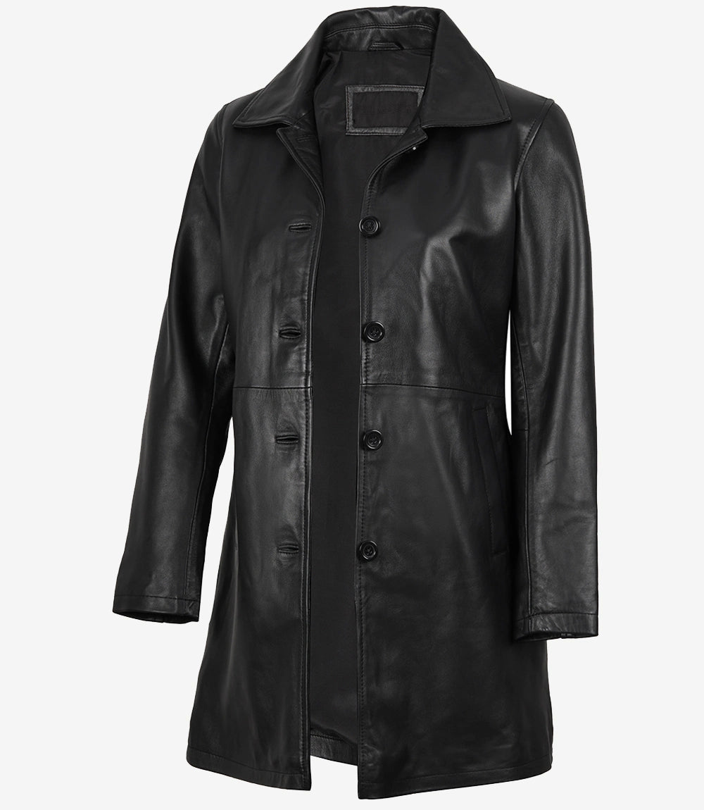 Women's Black Real Leather 3 4 Length Car Coat