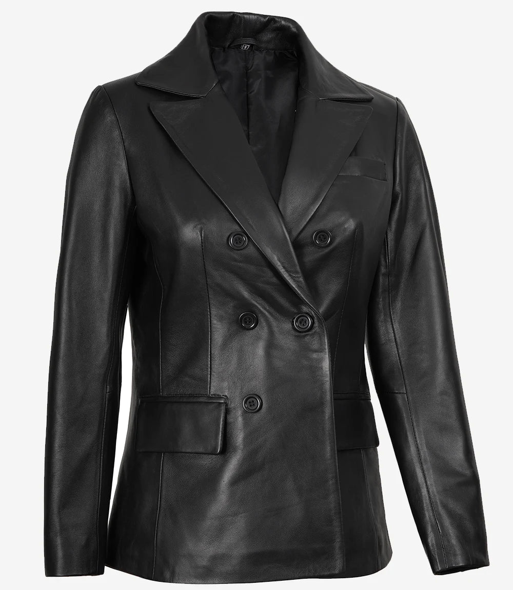 Women Black Double Breasted Leather Blazer Jacket