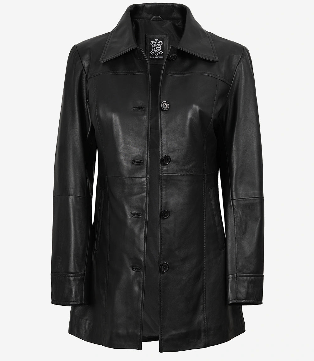 Womens Real Black Leather Coat — Mid-Length Style