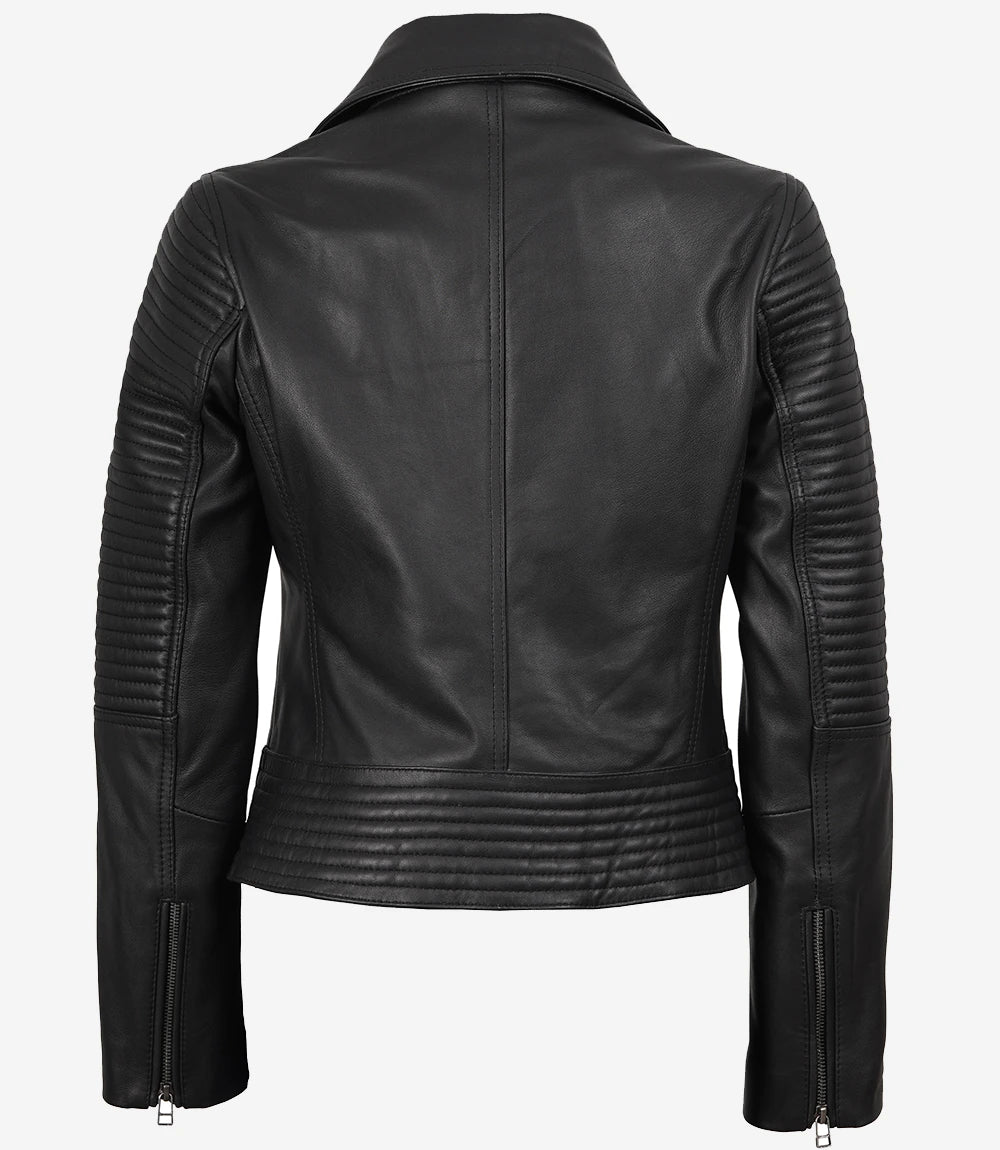 Women's Black Padded Style Leather Biker Jacket — Asymmetrical Zip