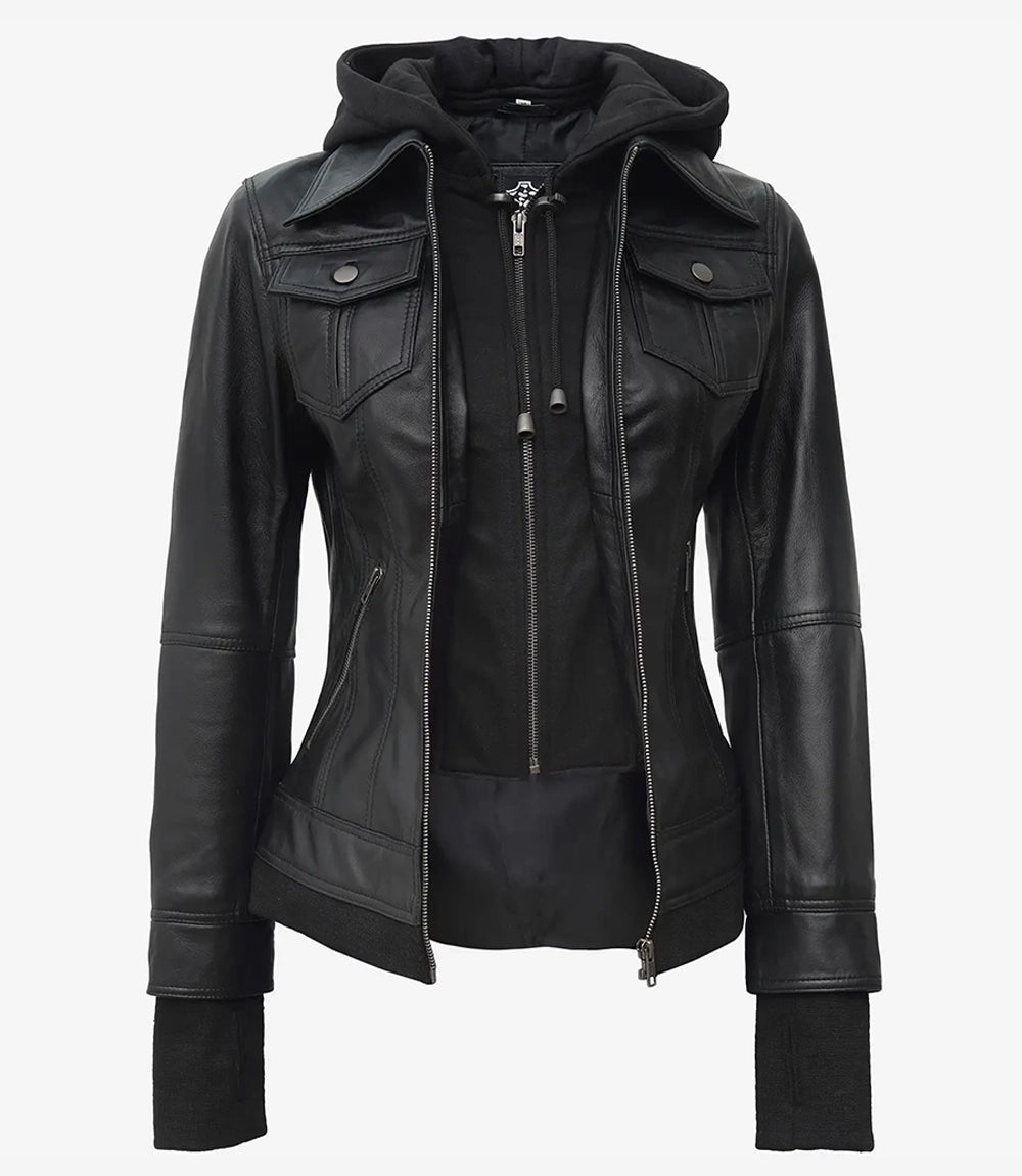Women's Black Hooded Leather Jacket — Removable Hood, Thumbhole Sleeves